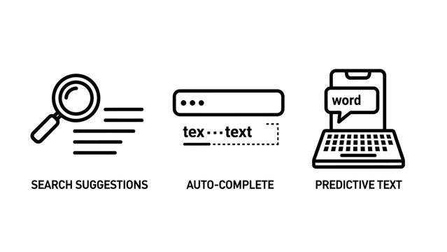 Search suggestions auto complete and predictive text input icons set with suggestions autocomplete predictive magnifying keyboard internet interface technology communication correction