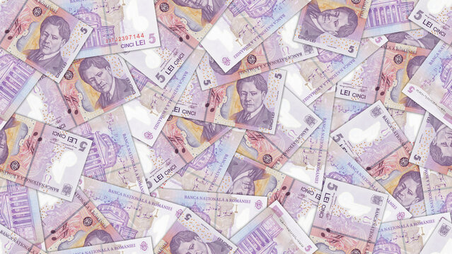 Seamless pattern. Financial illustration. Scattered Romanian 5 lei banknotes. Obverse and reverse. Plastic money of Romania. Five. Economic texture. Wide wallpaper or background