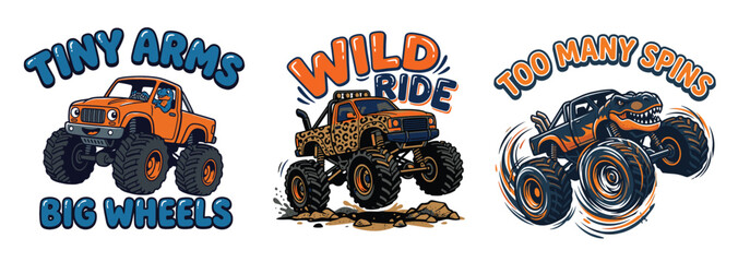 Set of three colorful monster truck illustrations with funny text captions © MdAnisul