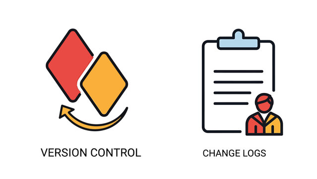 Version control and change logs process icons with software development tracking management repository document clipboard revision progression workflow illustration interface business