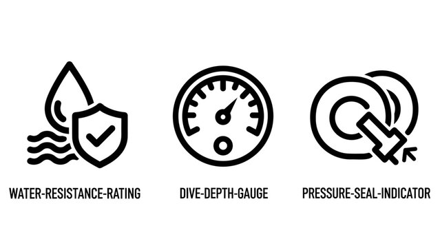 Water resistance rating dive depth gauge and pressure seal icons with resistance pressure indicator measurement illustration equipment hardware mechanical protection technical specification