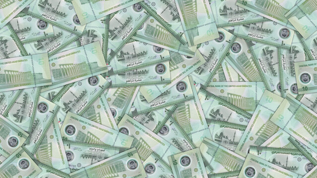 Finance illustration. Seamless pattern. Disorganized scattered plastic banknotes of 10 dirhams United Arab Emirates. UAE money. Textured arabic background  wallpaper. Obverse reverse. Bills ten dirham