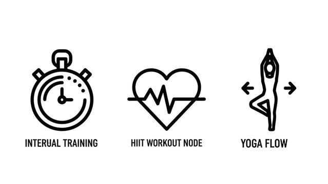 Fitness and wellness tracking line icon set featuring interval training hiit workout mode yoga flow positions training interval exercise wellness activity movement flexibility