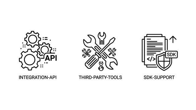Software development and technical integration line icon set depicting api third-party tools sdk support with integration software development technical programming technology interface