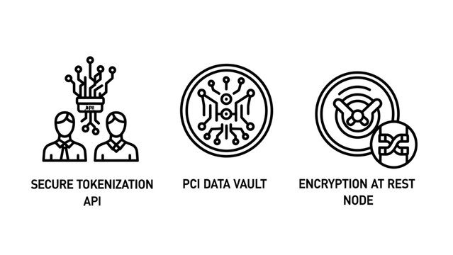 Set of three linear icons representing secure data tokenization and encryption technology concepts with security tokenization encryption protection information technology computing cryptography