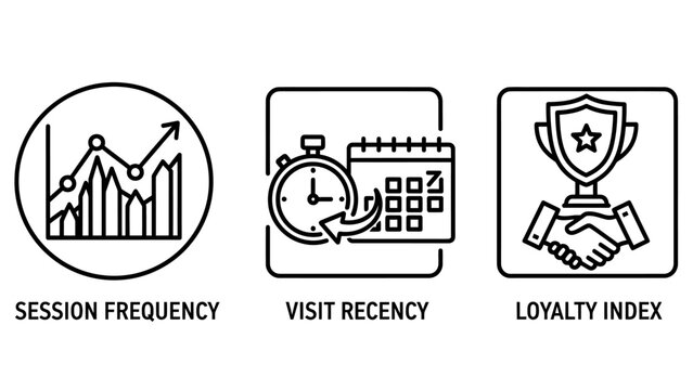 Customer analytics and loyalty metrics icons set with customer analytics frequency business statistics calendar handshake marketing behavior consumer engagement retention achievement