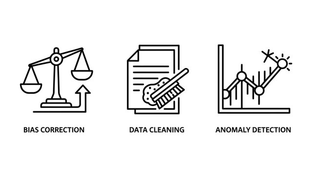 Data analytics and machine learning quality control icons with analytics learning correction cleaning detection statistics algorithm document research processing intelligence analysis