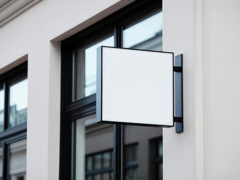 Blank square signage mounted on a white building facade