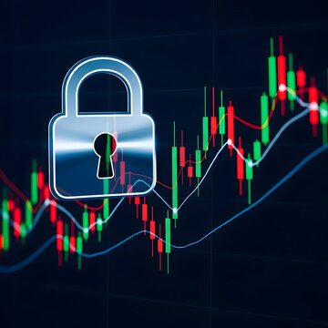 Digital lock icon securing financial data trends with glowing stock market chart background