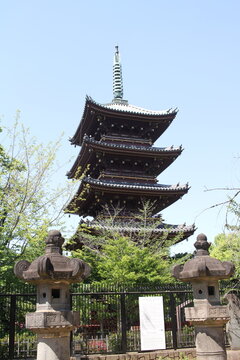 An elegant five story pagoda viewed from a traditional approach path in Ueno.