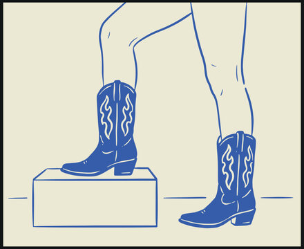 Minimalist blue line art of cowboy boots with flame patterns on beige background
