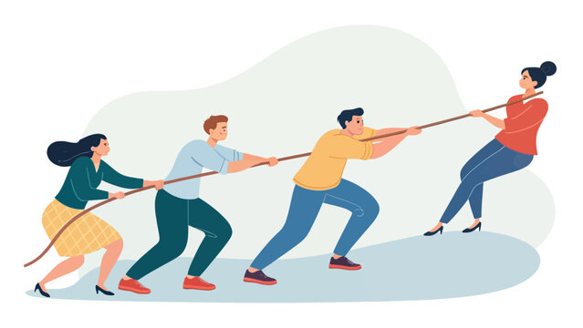 Team tug of war competition with men and women pulling rope outdoor activity physical activity two teams competition strength challenge activity struggle outdoors teamwork opposing