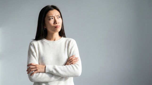 Asian woman pondering, doubting, and feeling uncertain with a suspicious expression