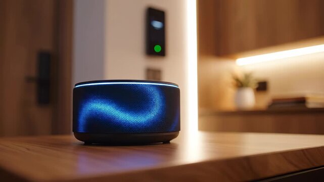 Smart home speaker changing light color. Device activation and status indicator for voice assistant. Integrated wireless technology in modern house interior design.
