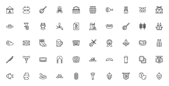 Oktoberfest icon pack. Minimal line icons. Featuring tent, beer mug, pretzel, sausage, hat, accordion, barrel, hot dog, garland, dress and more. Editable stroke.