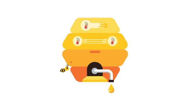 A stylized flat vector illustration features a golden hexagonal hive structure with integrated temperature gauge icons and a mechanical tap dispensing fresh honey on white.