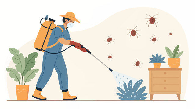 Pest control professional spraying insecticide to eliminate insects in a home with bug spray exterminator spraying insecticide pesticide cleaning disinfection sanitation prevention equipment