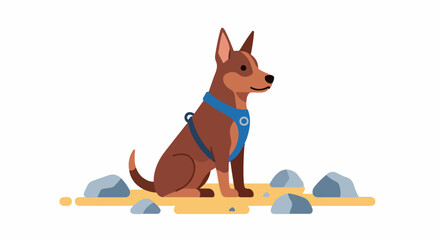 Obraz premium A brown dog sits patiently on a sandy ground with rocks