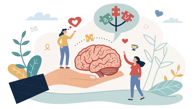 Mental health awareness illustration showing a brain held by a hand with people interacting mental wellbeing emotional health positive thinking self care personal growth mental illness emotions