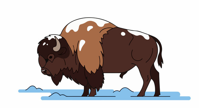 A cartoon bison with white patches stands in blue snow, facing left