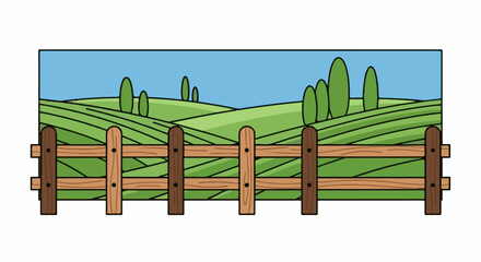 Obraz premium A cartoon of rolling green hills and trees, with a wooden fence