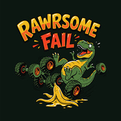Funny T-Rex dinosaur character slipping on a banana peel in a monster truck © MdAnisul