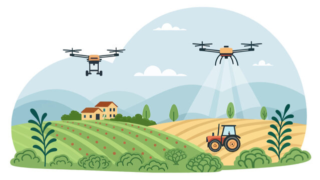 Two drones flying over a farm landscape with a tractor and farmhouse food production future of farming agriculture technology countryside innovation automation monitoring landscape industry