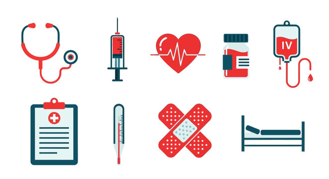 Medical icons set, healthcare symbols, hospital signs, medical care concept, flat design