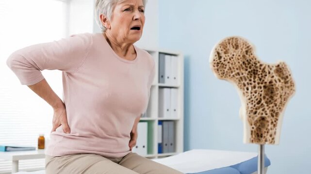 Mature patient agony: spine ache, bone fragile, suffer osteoporosis, density loss, medical counsel, body weaken, posture issue, skeletal degeneration, femur model, health concern.