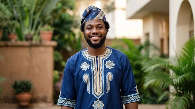 Young man wearing traditional Nigerian shirt portrait, lifestyle portrait, authentic expression, clean composition, soft natural light, realistic detail, premium stock photo aesthetic, high