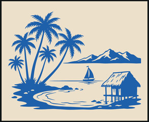 Obraz premium Stylized tropical beach illustration with palm trees, hut, sailboat, and mountains in monochromatic blue on beige background