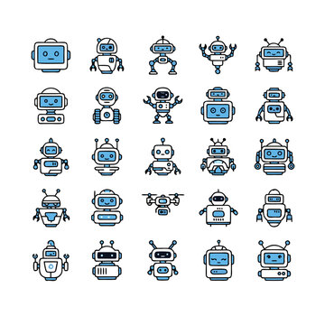 Blue Detailed Robot Character Collection Icons Set - AI, Bot, Chatbot, Android, Smart Machine Vector Pack
