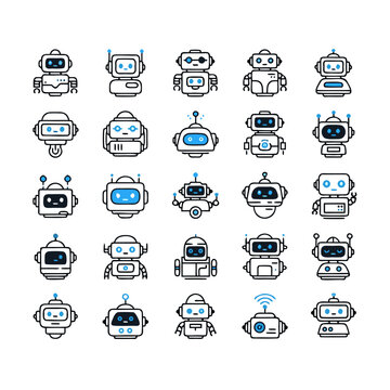 Full Body Robot Character Icons Set - Android, Humanoid, AI Bot, Sci-Fi, Technology Vector Pack