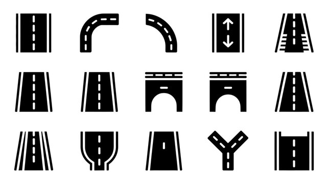 Set of road and transport line and silhouette icons with transport crosswalk intersection collection
