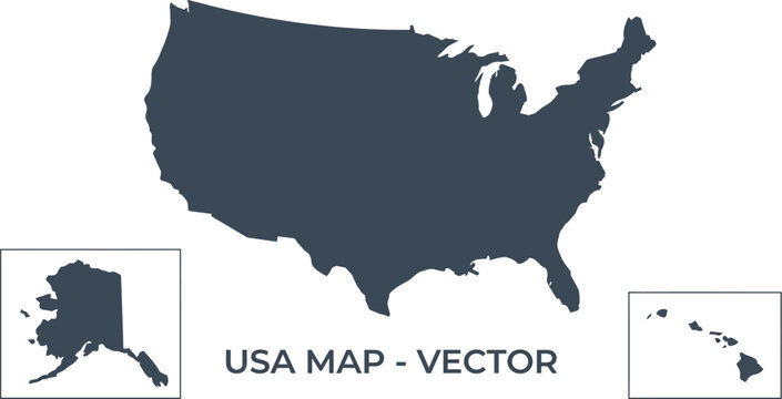 United States map silhouette features the contiguous states along with Alaska and Hawaii in a simple minimalist vector graphic design that serves as a versatile educational or professional resource.