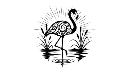 Naklejka premium Elegant Flamingo Silhouette in Water with Ornate Swirls and Reeds.