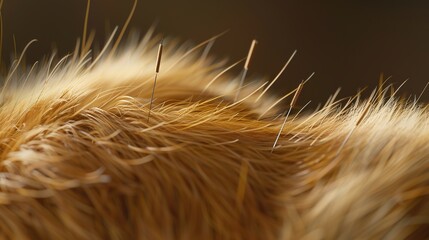 Fototapeta premium Extreme Macro of Acupuncture Needles in Dog Fur for Rehabilitation Therapy, Alternative Veterinary Medicine with Copy Space