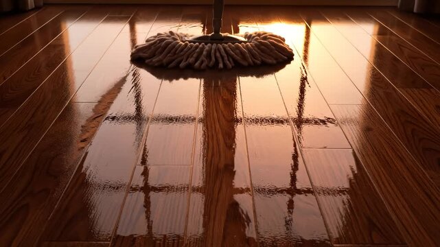 Mop Cleans Shiny Wooden Floor with Sunlight Reflection