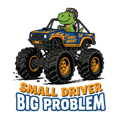 Cute cartoon T-Rex dinosaur driving a big blue monster truck with text © MdAnisul