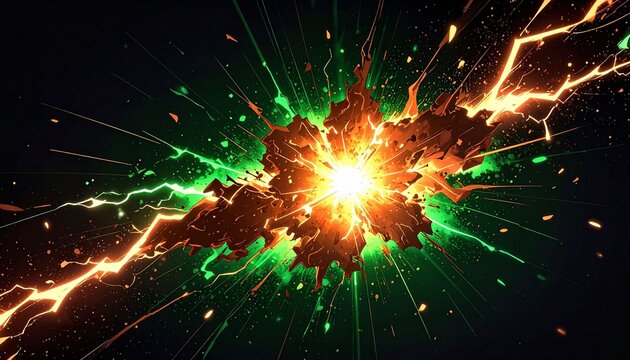 Abstract impact of copper and bright green glowing lightning sparks effects anime on plain black background