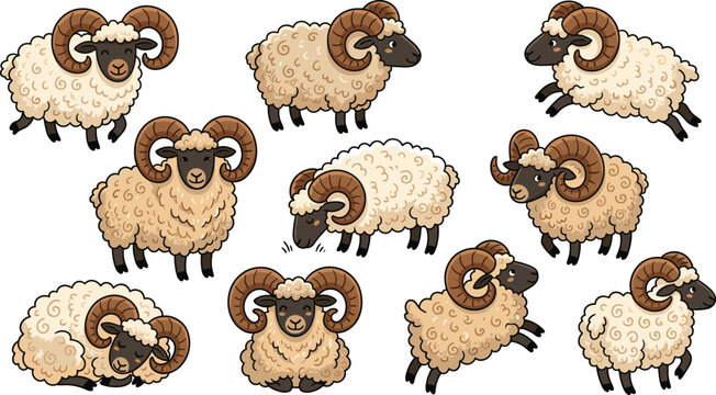 Cute ram cartoon character set, fluffy sheep with spiral horns vector illustration isolated on white background