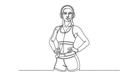 Obraz premium Continuous line drawing of a fit woman wearing headphones with headphones
