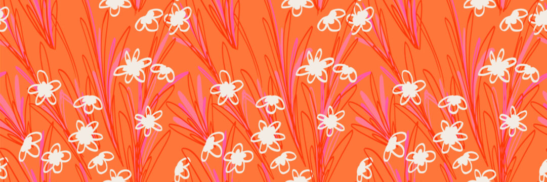 Seamless floral pattern with abstract white flowers and red grass strokes on a vibrant orange background. Template bold design ideal for textiles, packaging, wallpaper, and summer themed branding