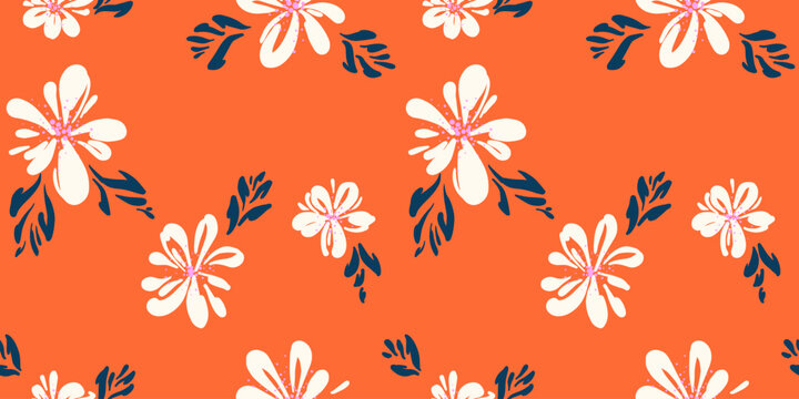 Seamless abstract floral pattern with cream flowers, navy leaves, and bright orange background. Bold botanical repeat for textile, packaging, wallpaper, and decor