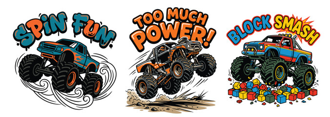Set of colorful monster truck cartoon illustrations with fun action slogans © MdAnisul