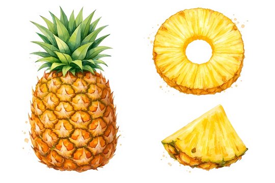 Watercolor pineapple fruit set with whole pineapple ring and sliced wedge isolated on white background
