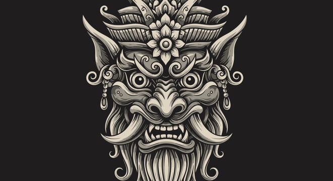 Intricate Balinese Barong Mask Illustration with Ornate Details.