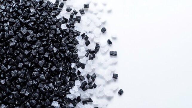 A top view of granules of black and dark white plastic polypropylene on a white background, masterbatch polymer grain pile.