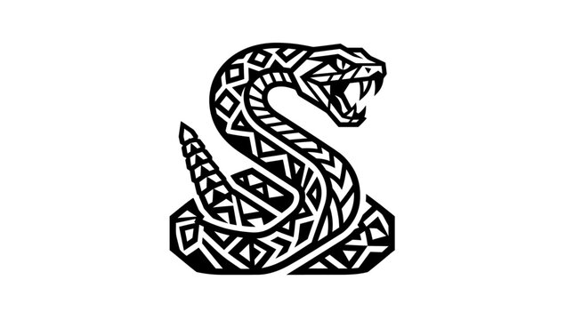 Intricate tribal snake illustration with open mouth fangs.