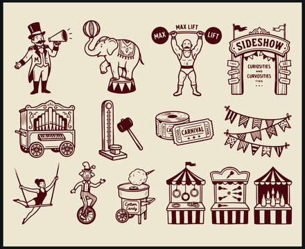 Vintage circus performers animals and carnival attractions in nostalgic sepia illustration